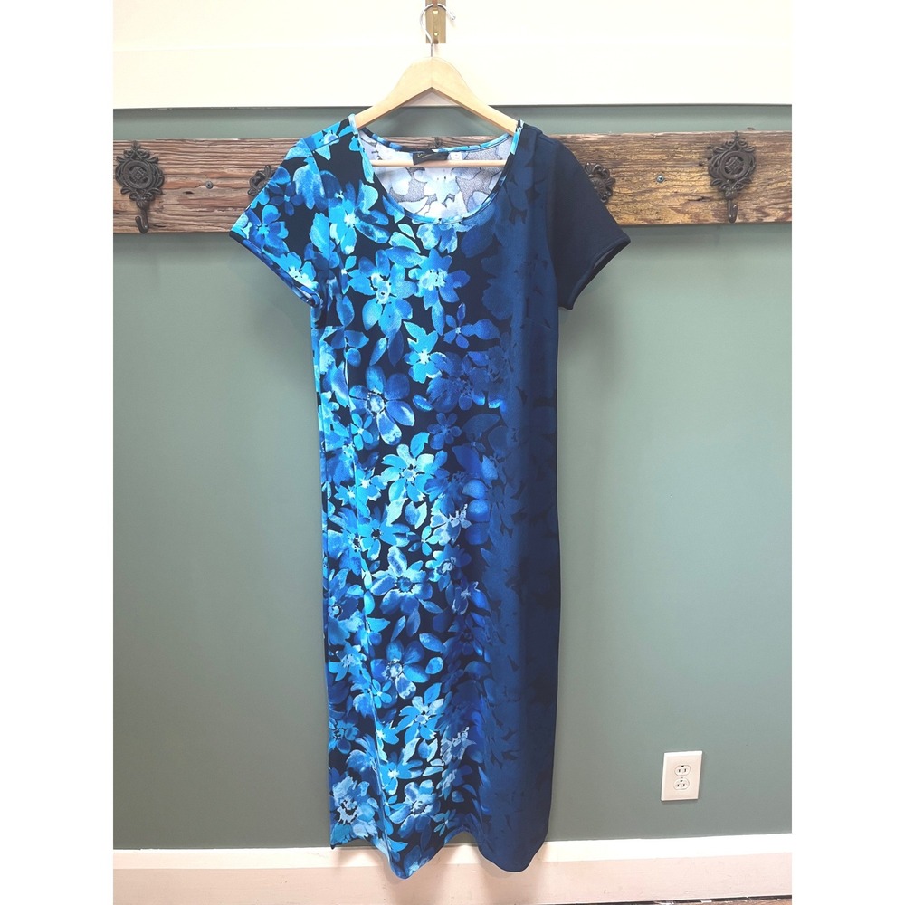 Bob Mackie Wearable Art Blue Floral Maxi Dress Short Sleeve Side Slit Size M NWT